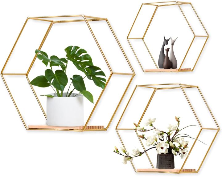 Wall Mounted Hexagonal Floating Shelves Set of 3 in Different Sizes, Modern Metal Wall Shelf, Simple Wood Partition Storage Shelves, Wall Decor Rack for Bedroom, Living Room, Kitchen and Office, Customized by Creative Decore
