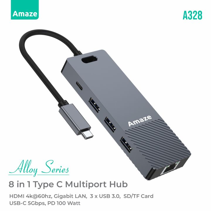 Amaze A328 Alloy Series Type-C 8-in-1 Multiport Hub HDMI 4k, LAN, PD 100W, Card Reader and 3 USB 3.0 Ports