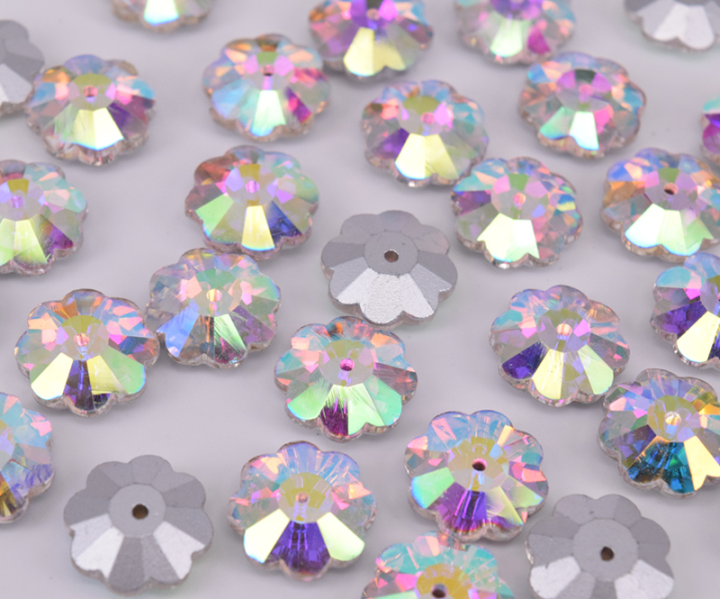 6mm 8mm 10mm Plum Flower Button Beads | Middle Hole Glass Gemstones | Flatback Sew-On Crystal Rhinestones for Garments | Tawakkal Crafts