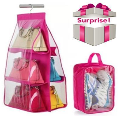 Pack of 3 - 6 Pockets Hanging Purse Organizer and Travel Shoes Organizer with Surprise Box