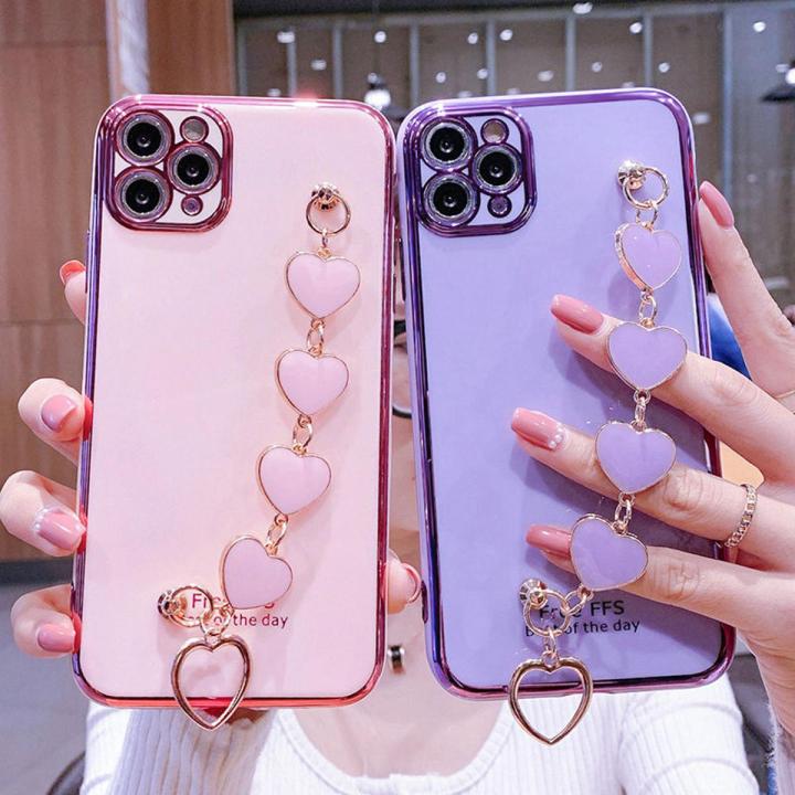 For iPhone 11 Pro Max Back Cover with Love Heart Chain Wrist Strap Fashion Bracelet Shiny Plating Bumper Protective Case Silicone Shockproof Mobile Phone Cases
