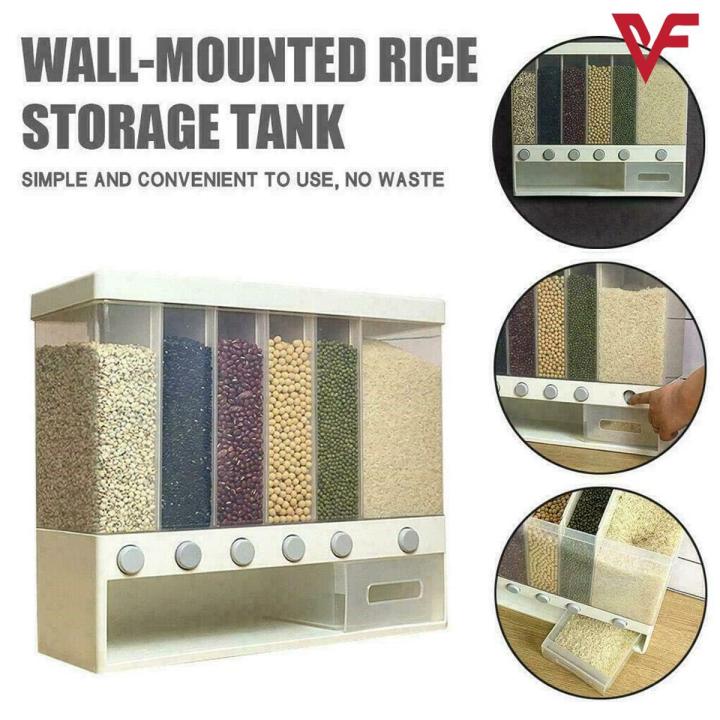 FREE SHIPPING 6-Grid Storage Wall Mounted Food Dispenser Whole Grains Rice Bucket Large Capacity Dry Food Dispenser Dry Food Fruit Storage Box for Home and Kitchen Box Cereal Dispenser. Rice Bucket Divided Grains Tank Moisture-Proof and Insect-Proof
