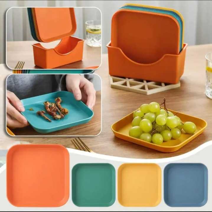 Square Plastic Dinner Plate Set - Multi-function Plate with Stand - Round Square Set - Colorful Square Plastic Dinner Plate Set - Household Food Grade Plastic Plate ( Pack Of 10 )