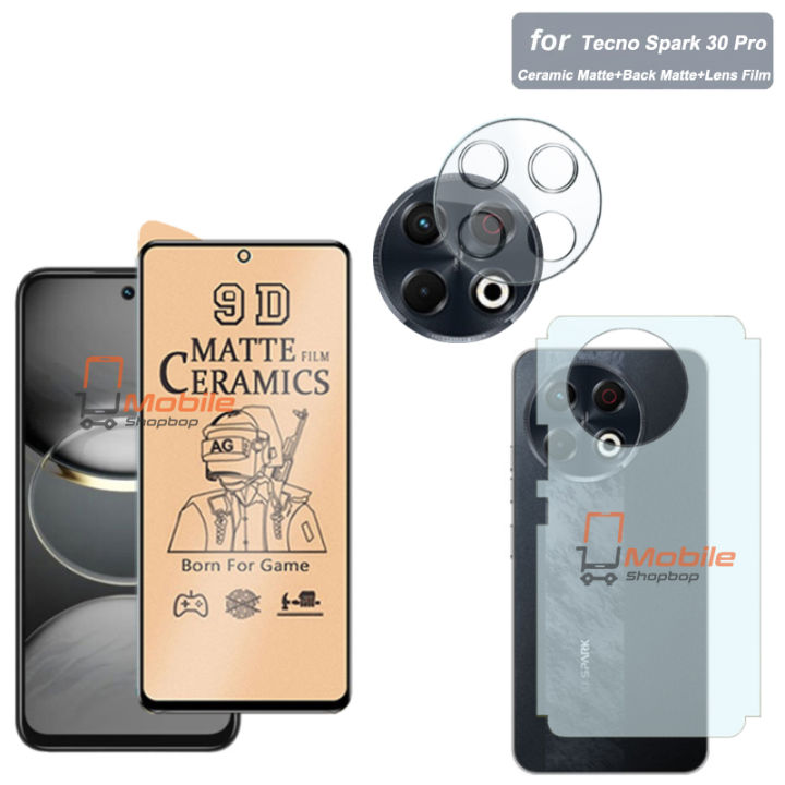 3 in 1 Tecno Spark 30 Pro Front Ceramic Matte Protector + Back Matte Protector Soft Skin Sheet Carbon Fiber Film Protection + 9H Camera Lens Protector For tecno spark30 pro - Transparent