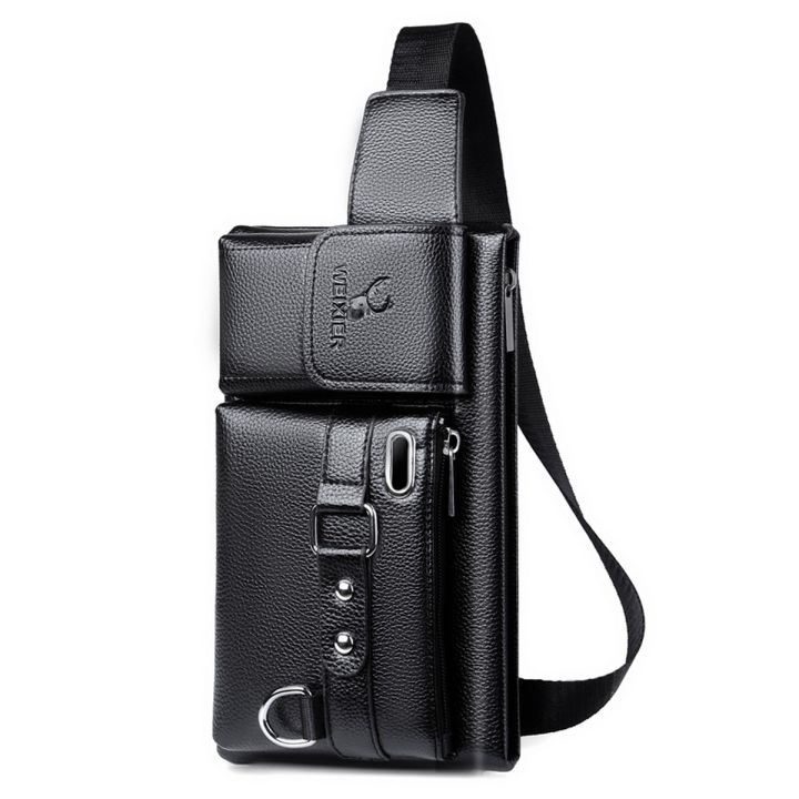 WEIXIER Brand Unisex Single-Shoulder Multi-Function Large-Capacity Waist Bag Men's Chest Bag Casual Messenger Bag Wallet Black , Leather Bag