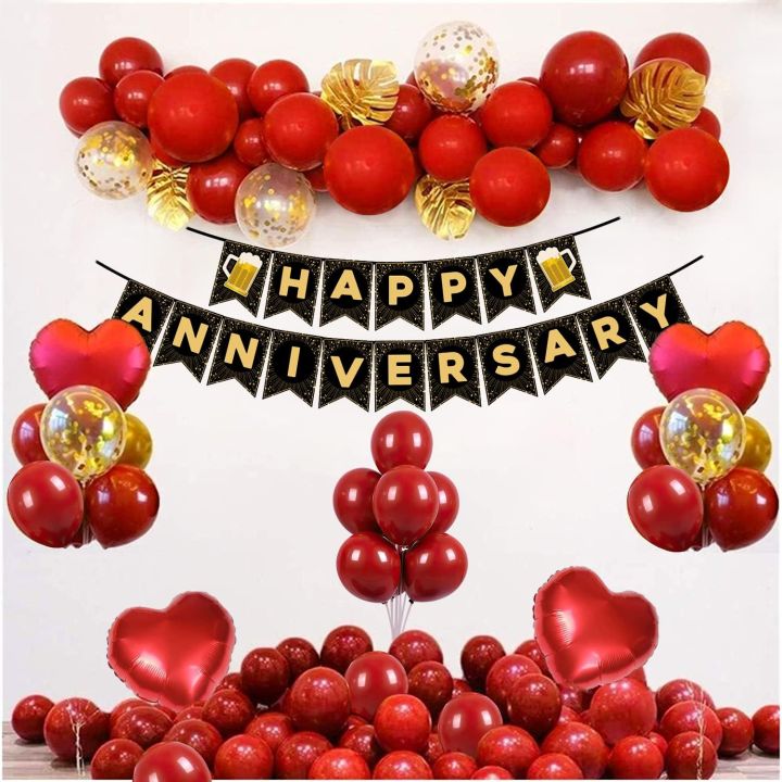 Red Anniversary Theme. 1Pc Happy Anniversary Banner, 4Pcs Red Heart ...