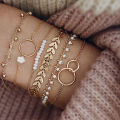 【Hot demand】6Pcs/set Boho Bracelet Set Women Tassels Leaves Circular Chains Bangle Jewelry.