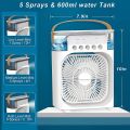 "3-in-1 Desk Air Cooler: Fan, Humidifier, and LED Light with Water Cooling Spray". 