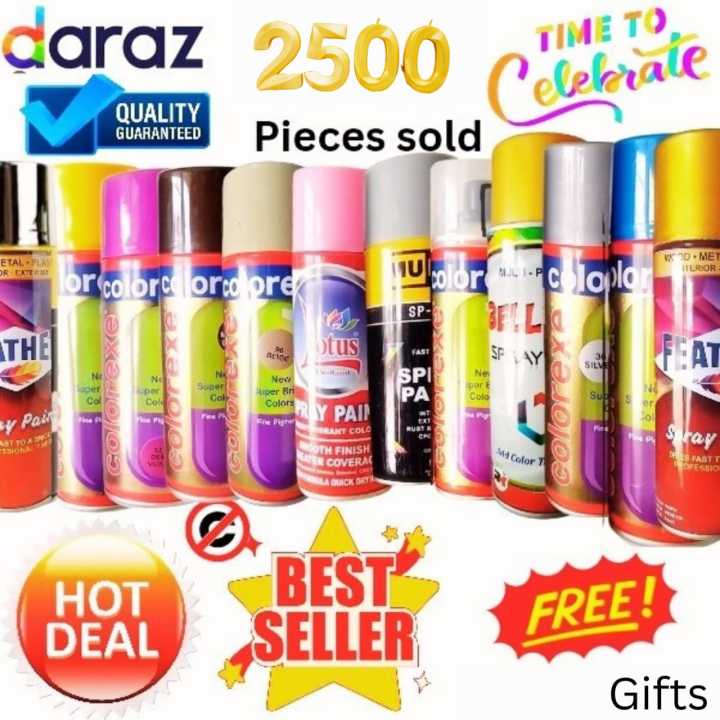 spray paint  , (one Bottle) Golden, Black, White, Red, Brown, yellow ,matt black, Blue, Pink, Voilet, orange, green, cream white, naval Grey, silver, Chrome، Lacquer, Beige . (mubah, colorexe, lotus, Win Plus , feather, GoldenMax، artiza،  etc