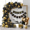 Happy Birthday Decoration Set- Black Banner Cards, 30 Mettalic Chrome Shiny Balloons and Golden Confetti Ballooons. 