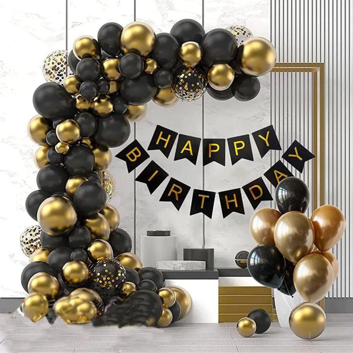 Happy Birthday Decoration Set- Black Banner Cards, 30 Mettalic Chrome Shiny Balloons and Golden Confetti Ballooons