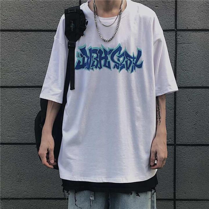 Street Hiphop Vintage Printed Summer Oversized Shirt Unisex Couple Graphic Tshirt For Men Women Short Sleeve Oversize Tee American Style Streetwear Korean Fashion Top Plus Size Casual Clothing Colour Black White M-3XL