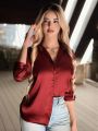Button Down Women Maroon Satin Shirt Full Sleeves | Ladies Silk Look Button Down Shirt | Casual Formal Office Wear Blouse | Stylish Collared Top for Girls & Women | Trendy Western Fashion Shirt  Silk Pjs Women Dress Top tank. 
