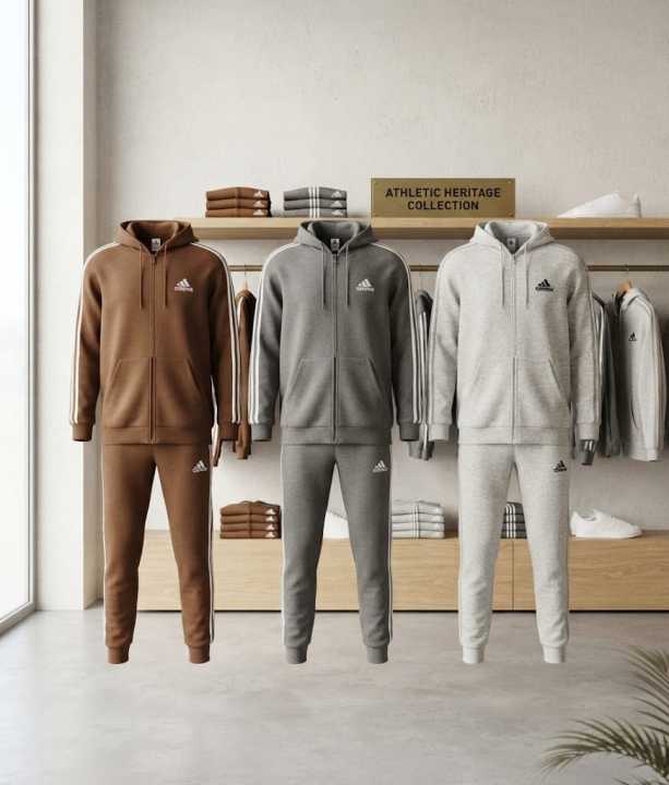 Adidas Men's Brown 3-Stripes Winter Zipper Tracksuit - Heavy Brush Fleece Inside - Warm Hooded Co-ord Set