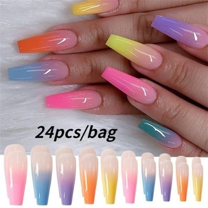 24pcs/bag Long Coffin Nails Rainbow Ballerina Full Cover Nail Art Tips Beauty Artificial False Nails Manicure Charms