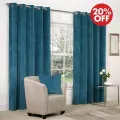 Teal Blue Velvet Ready Made Eyelet Curtains - Pair. 