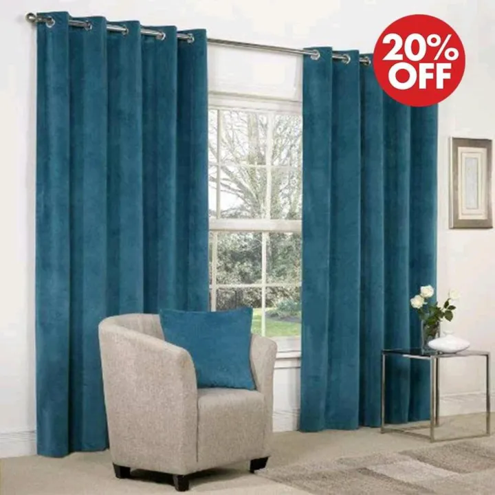 Teal Blue Velvet Ready Made Eyelet Curtains - Pair