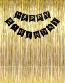 Happy Birthday Black Banner With Golden Bachdrop Curtains For Birthday Decoration. 