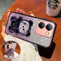 For Vivo Y17s Y27s Y16 Back Cover with 3D Bear Hidden Stand Bracket Luxury 6D Gradient Shiny Plating Glitter Women Phone Case Clear Soft Silicone Protective Cases Pouch Girls. 