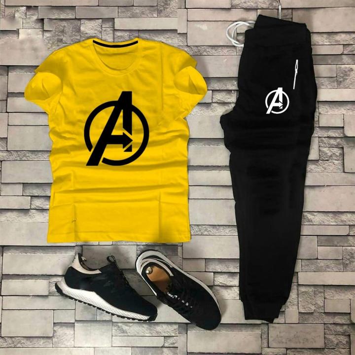 TRACKSUIT - Yellow & Black Summer Printed Tracksuit For Men & Boys - Soft and Comfortable Fabric T Shirt & Trouser Printed Tracksuit