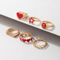 Hand Jewelry Red Cherry Pentagram Love Peach Heart Shaped Geometric Drop Ring 6-Piece Set for girls for women low price. 