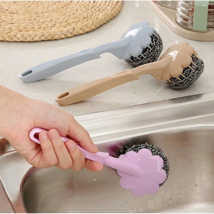 Stainless Steel Long Handle Wire Ball Brush Kitchen Hanging Cleaning Brush Pan Kitchen Dish Handle Washing Tool