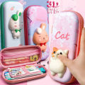 Adorable 3D Pencil Case Stationery Organizer School Supplies for Girls EVA Pink Pen Pouch Holder Kawaii Eraser Bag Squishy Cat. 