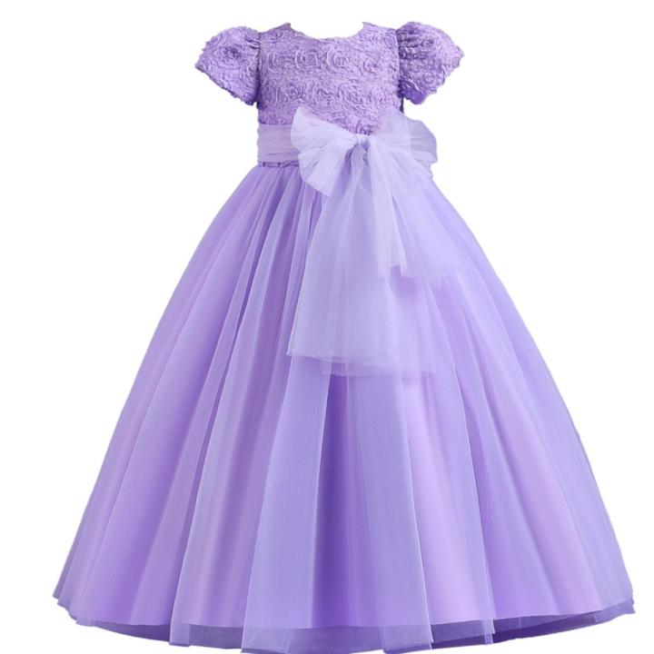Kids Girl’s Tulle Dress, Short Sleeve Crew Neck Flower Bowknot Patchwork Dress for Party Stage Show