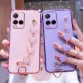 For Vivo Y21 Back Cover with Love Heart Chain Wrist Strap Fashion Bracelet Shiny Plating Bumper Protective Case Silicone Shockproof Mobile Phone Cases. 