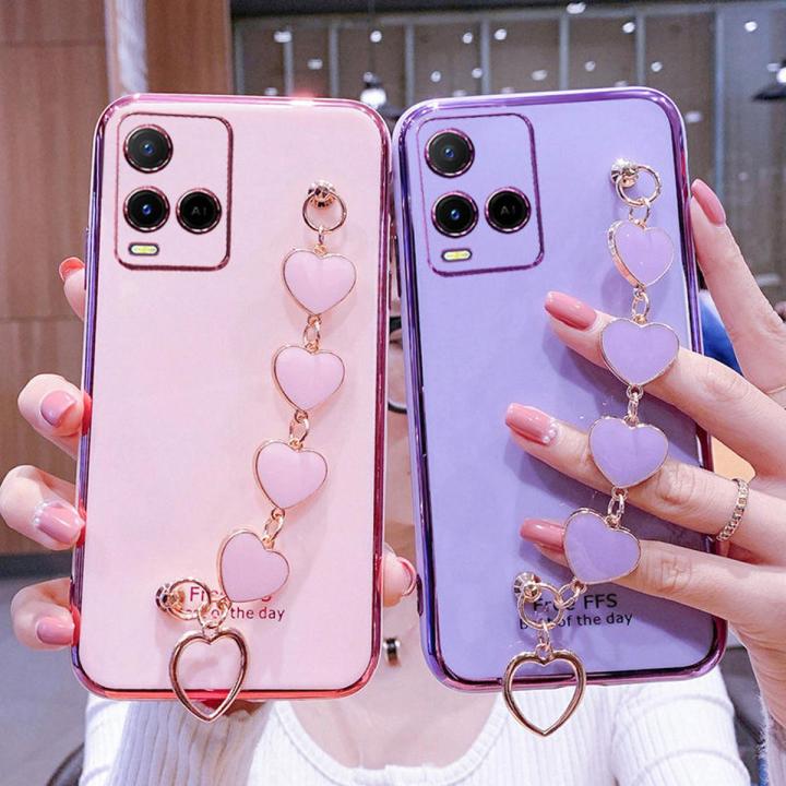 For Vivo Y21 Back Cover with Love Heart Chain Wrist Strap Fashion Bracelet Shiny Plating Bumper Protective Case Silicone Shockproof Mobile Phone Cases