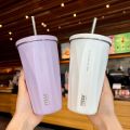 TYESO 600ml Portable Vacuum Insulated Mugs Stainless Steel Coffee Cup Ice Bar Thermal Car Sippy Large Capacity Straw Water Cup. 