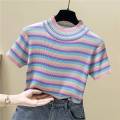 Korean Style chic Women's Colorful Striped Short-Sleeved Sweater Summer Student All-Matching Slim Fit Slimming Bottoming Shirt Retro Top. 