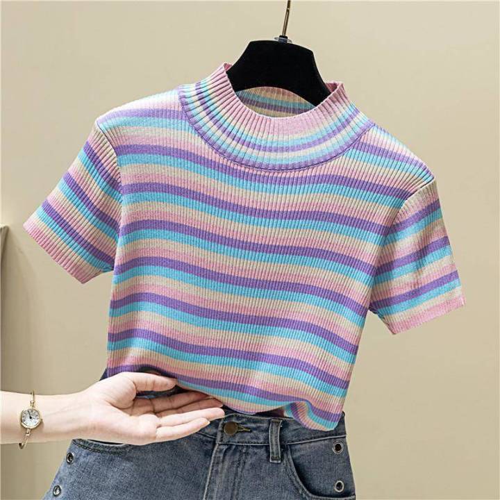 Korean Style chic Women's Colorful Striped Short-Sleeved Sweater Summer Student All-Matching Slim Fit Slimming Bottoming Shirt Retro Top