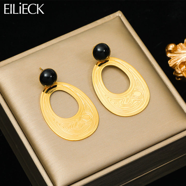 Eilieck 316l Stainless Steel Oval Tree Whorl Pattern Earrings For Women Black Stone Ear Jewelry Party