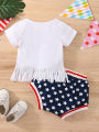 2 Pcs Independence Day Pants Set, Baby Girls Letter & Heart Print Short Sleeve Tassel T-shirt + Star & Stripe Print Shorts. 