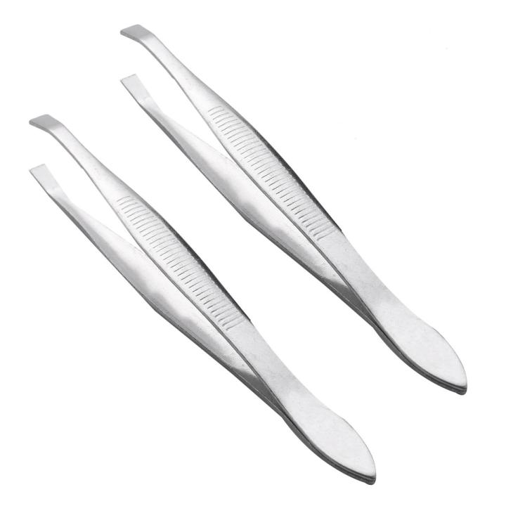 2X Silver Tone Slanted Flat Tip Metal Hair Eyebrow Tweezer Cosmetic Tool for Lady