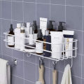 Premium Metal Shelf with 6 Hooks - Wall-Mounted Storage Organizer for Room and Bathroom, Sticky Hooks, Spice Rack, Shower Shampoo Holder, Bathroom Corner Frame, Corner Shower Shelf, Iron Shelf Stand - Black/White. 