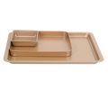 baking trays non stick set-1 * large shallow pan about 37 * 25.5 * 1.7cm
1 * cake pan about 24.5 * 18.5 * 2.6cm
1 * small square cake pan about 11 * 11 * 3cm-Golden. 