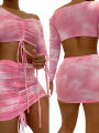 2Pcs Ladies  Top Short Skirt Set, Summer Unique Printing Strapless Long Sleeve Lace Up Crop Top + Ruched Mini Skirt Kit. 