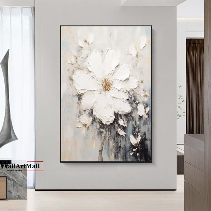 Large 3D Textured Abstract White Flower Painting Print Original Flower Canvas Wall Art Home Decor Minimalist Custom Painting Ready to hang