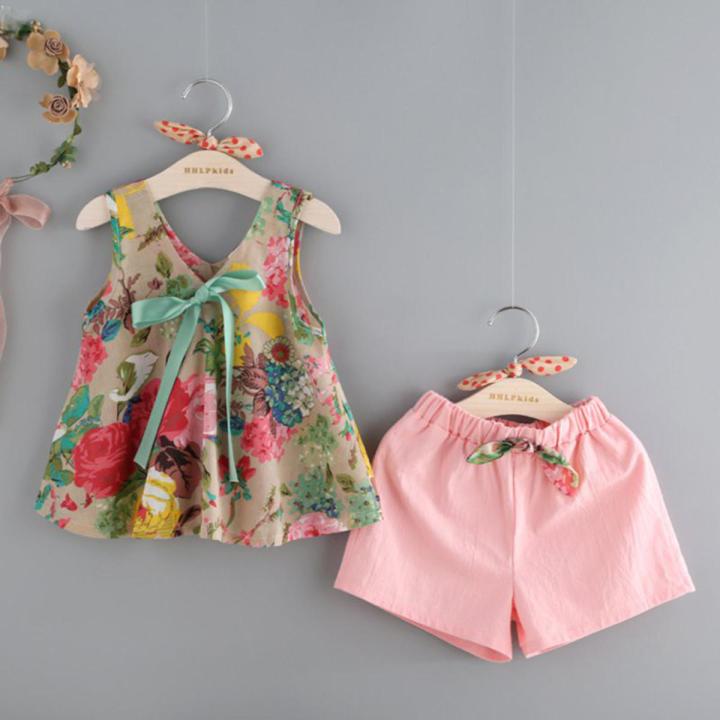 Lifetime Summer Baby Girls Floral Sleeveless Clothing Set Bowknot Vest+Pink Shorts Pants seluar