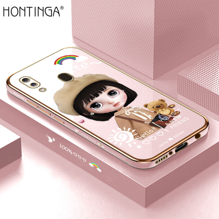 Hontinga for Samsung Galaxy A30 A20 Back Cover Luxury 6D Plating Cartoon Satchel Girl Side Pattern Case Soft Silicone Square Phone Cases