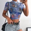 Angel Print Mesh T Shirt Crop Top High Neck Short Sleeve Graphic Tees Women Streetwear Harajuku Shirts Hot Sale. 