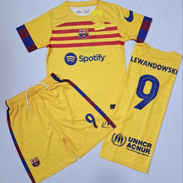 lewandowski barcelona fc foot ball kit for kid 2023 yellow