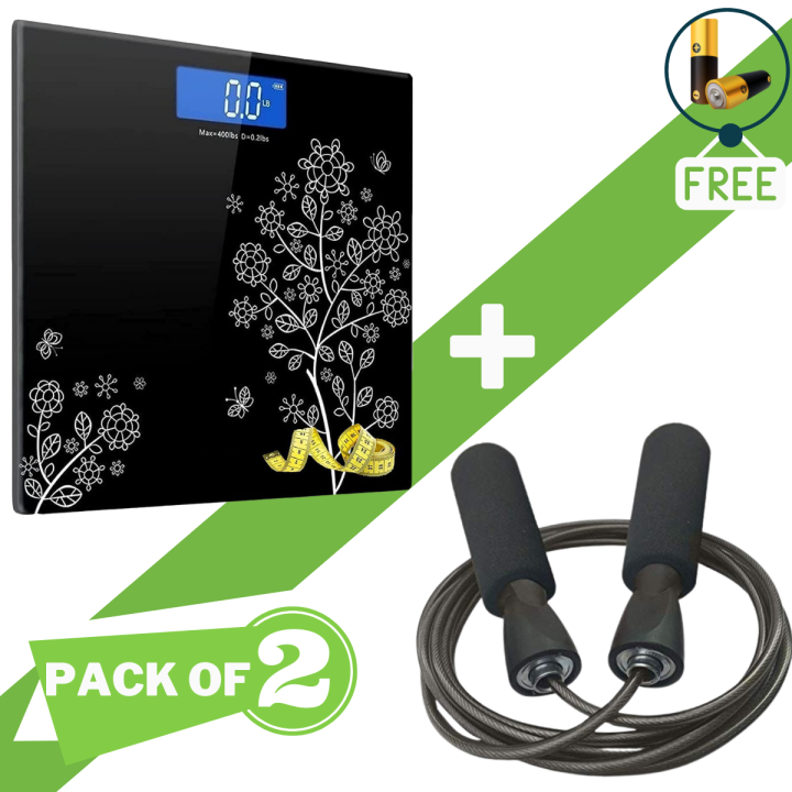 Pack of 2 Skpping jump rope & Tempered Glass Electronic Digital Body Weight Scale, Bathroom Scale 180 KG with LCD Display Weight Machine Denovo Mart