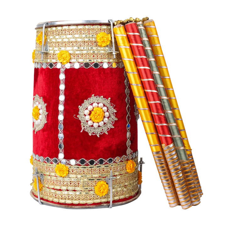Wooden velvet dhol & Dandiya | 13 Pcs  Set | For | Maiyo Mehndi Shadi ,Dholki Musical Instrument |