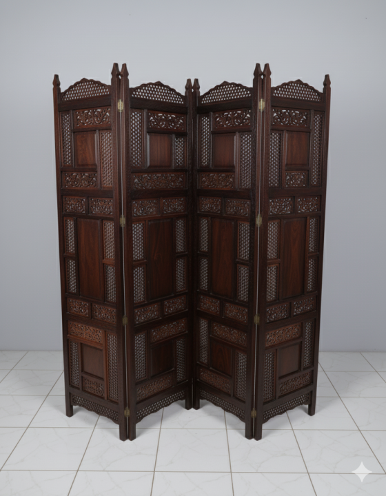 Elegant Hand-Carved Sheesham Wood Folding Screen Room Divider