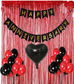 Red & Black Happy Anniversary Decoration Set With Happy Anniversary Banner  - Hearts Foil Balloons  , Red Curtains and Latex Balloons. 