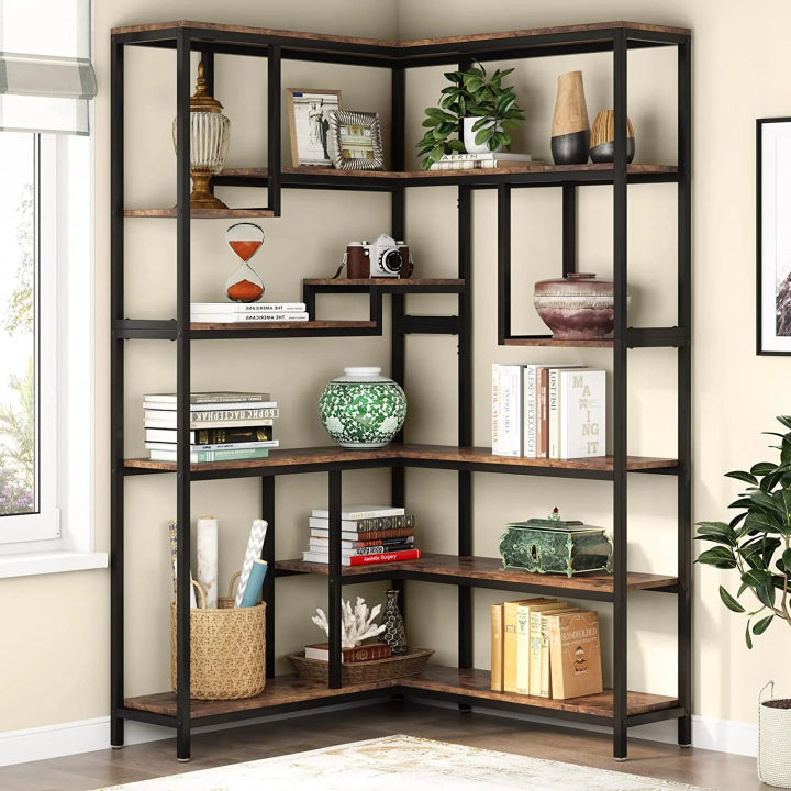 Customised%206-Shelf%20Corner%20Bookshelf,%20Large%20Modern%20Corner%20Bookcase,%206-Tier%20Tall%20Corner%20Shelf%20Storage%20Display%20Rack%20with%20Metal%20Frame%20for%20Living%20Room%20Home%20Office%20(Rustic%20Brown),%20Customizable%20-%20Image%205