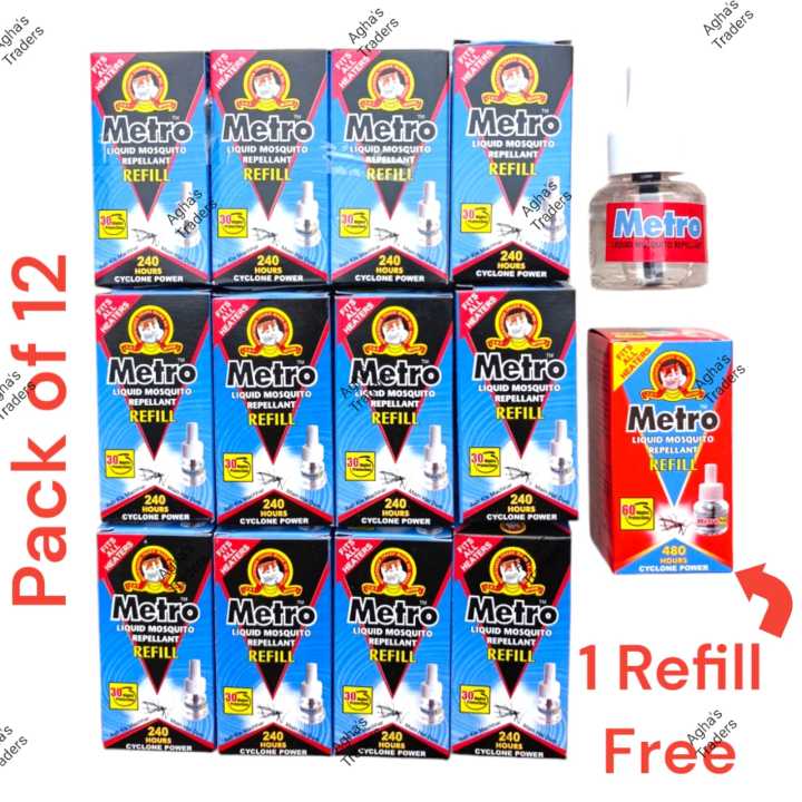Metro Mosquito Killer Liquid Refill 30 Nights Repellent (25 ml) -  240 Hours  Pack of 12 Refills with  One Metro  Mosquito Killer Liquid Refill 60 Nights (45  ml ) Free